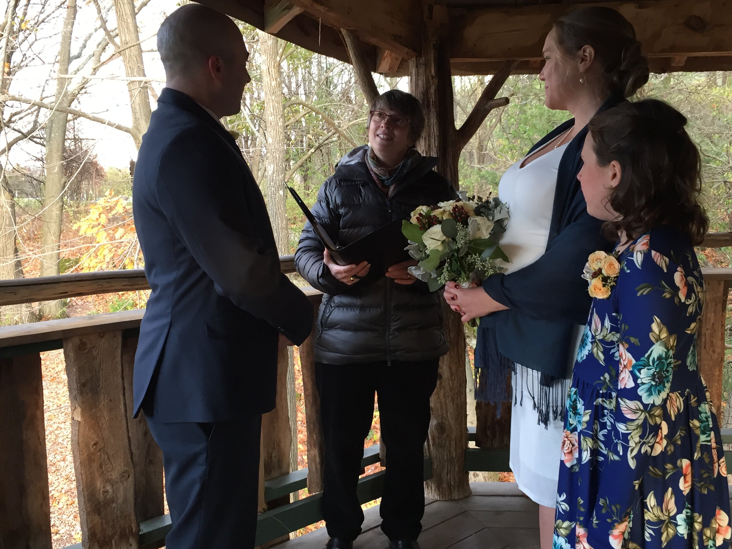We braved the chill for a simple wedding in the treehouse at Burlington’s Oakledge Park. Photo courtesy a member of the couple’s family.