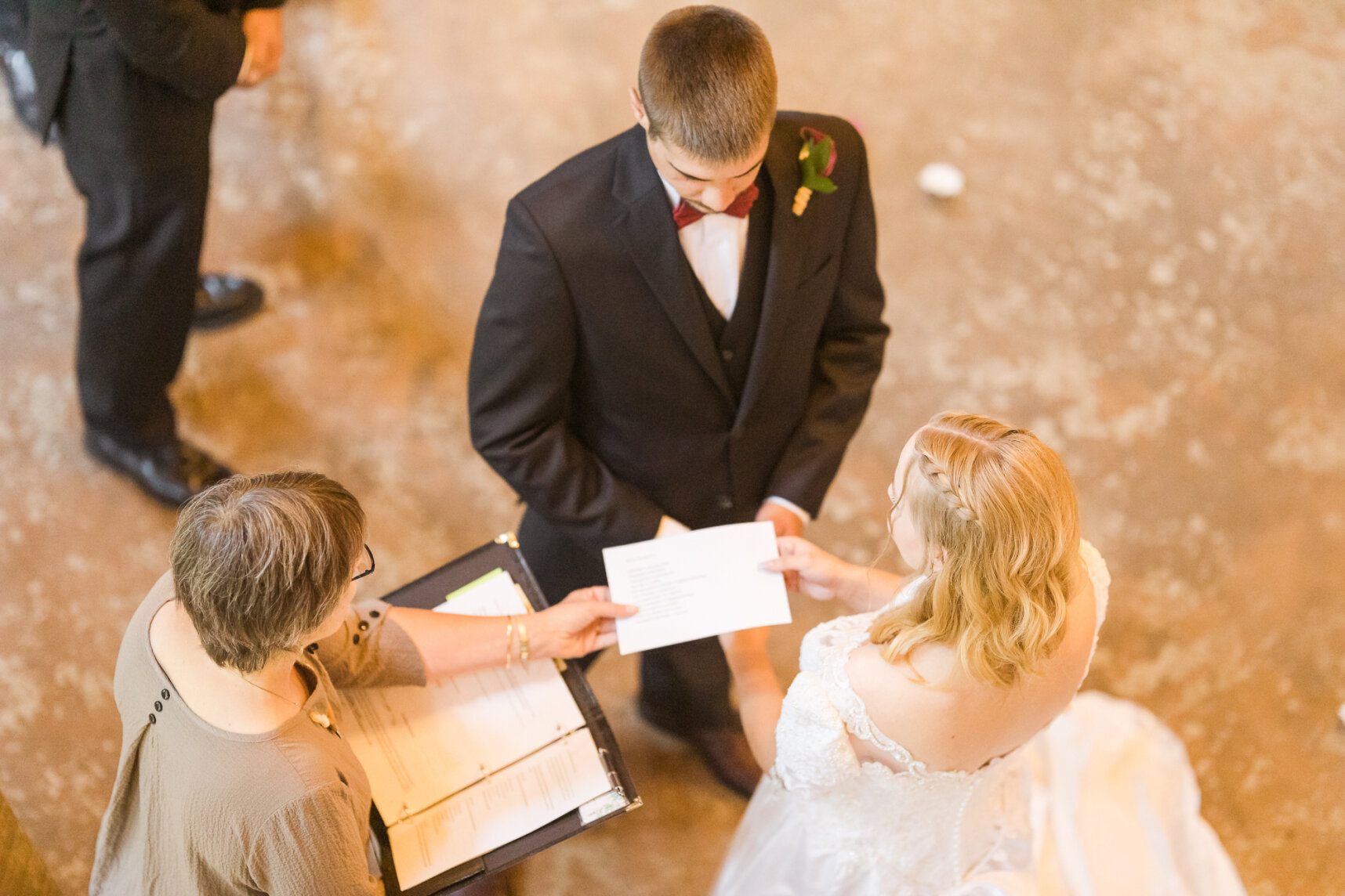I print my couples’ vows on card stock and hand to them at the appropriate time. Photo: Dawn Crane, Trace Elements Photography